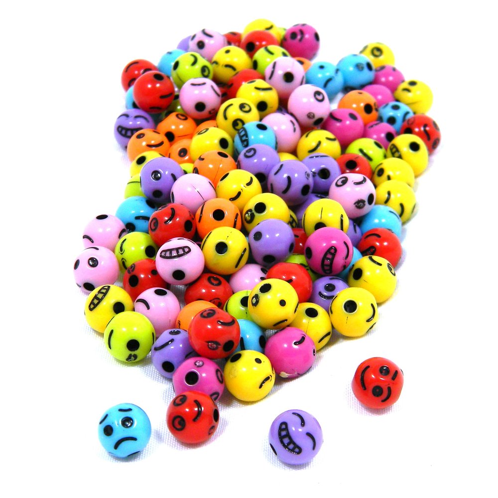 100 Assorted Opaque Color 8mm Round Smiley, Sad, Happy, Mad Emotion Face Plastic Expression Beads