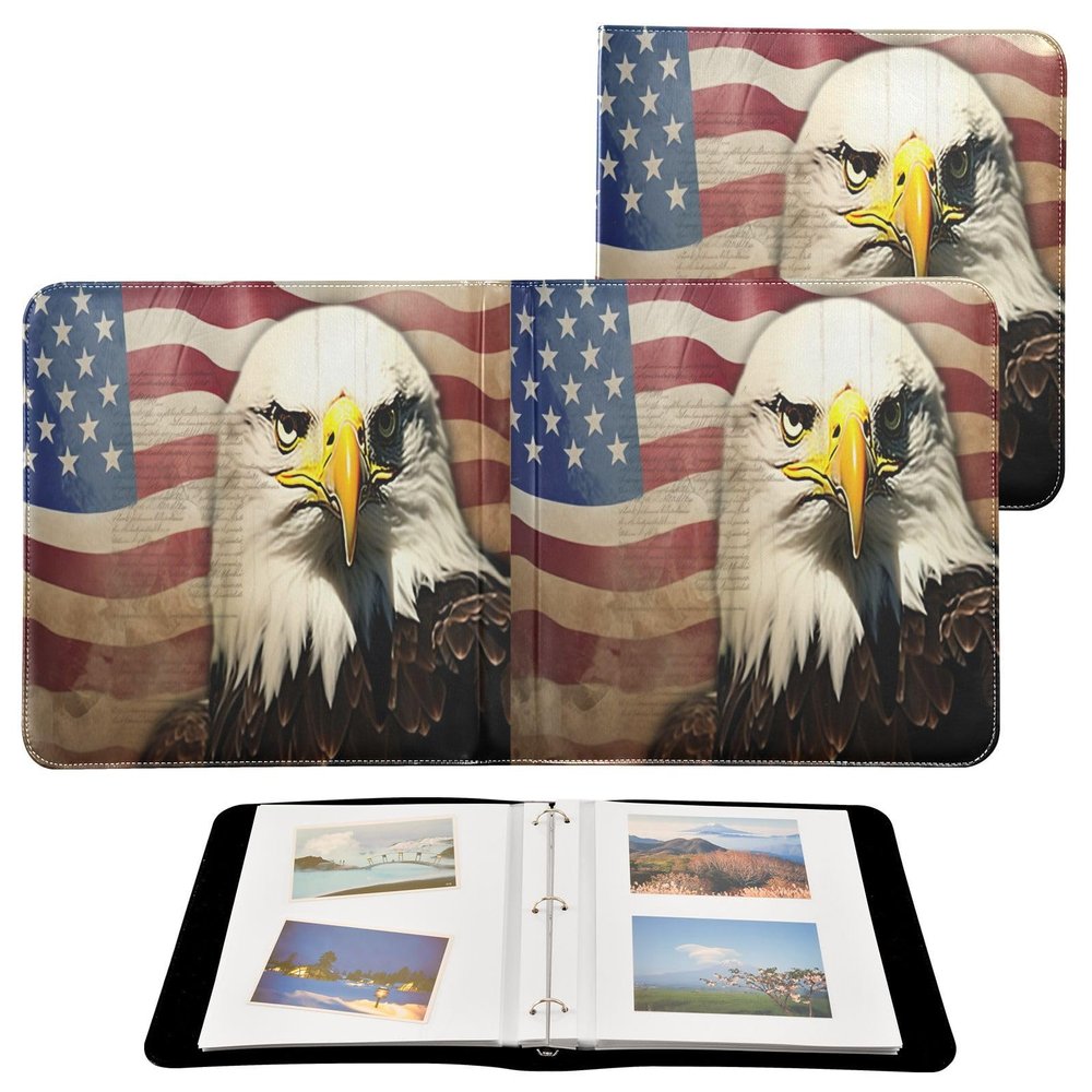 Coikll Vintage Flag Eagle Leather Photo Album 3-Ring DIY Picture Book for Family Wedding Self-Stick Scrapbook