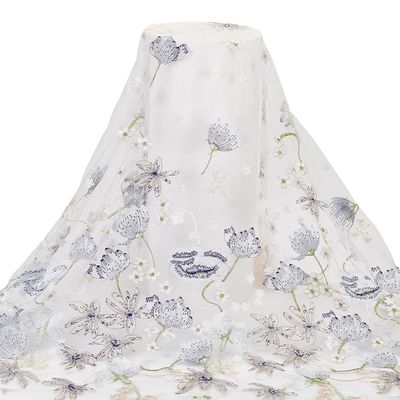 MAYJOYDIY 1Yard Blue Lotus Embroidery Lace Fabric, 59Inch 3D Organza Floral Soft Tulle Fabric Wide Vintage Flower Fabric Ribbons for Sewing Wedding Bridal Cloth DIY Crafts Supplies