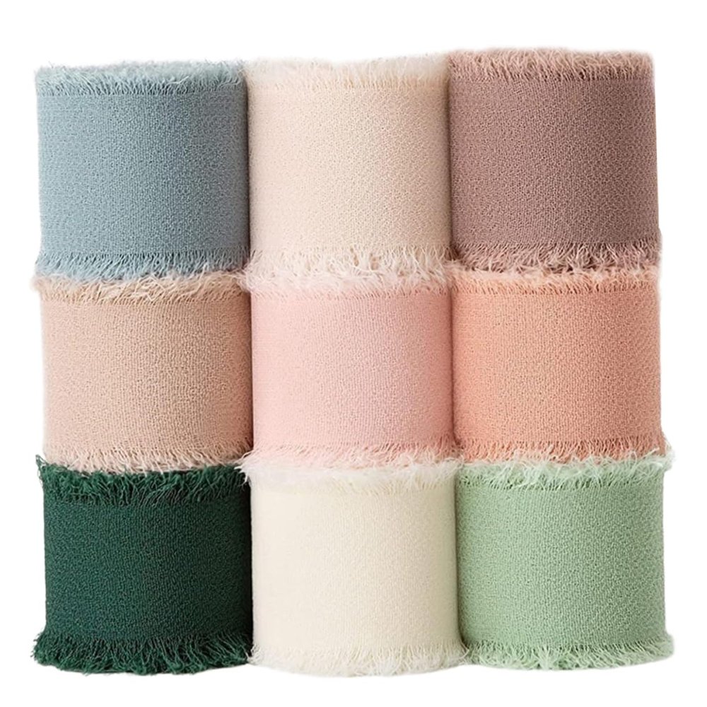 UTHCLO 9rolls Soft Fringe Chiffon Ribbon for Crafts Wedding Invitations Bouquets and Wrapping Each Elegant Colors