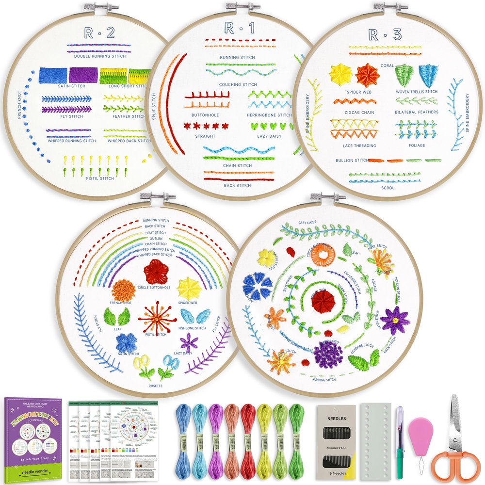 CYANFOUR 5 Stage Starter Embroidery Kit for Beginners Adults and Teens, Easy to Learn 33 Different Stitches from Video & Instruction, Needlepoint Kits for Adults