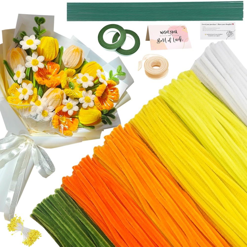 620 Pieces Pipe Cleaners Craft Set, 600 Pcs Chenille Stems with 20 Pcs Flower Stems, Craft Supplies Bulk for DIY Art and Craft Projects Creative Gift Wrapping Party Decorations(Golden Yellow Series)