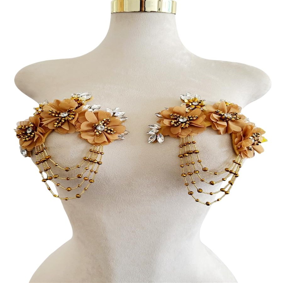 Akiko.CC 3D Three-Dimensional Flower Rhinestone Applique Sewing Shining Beads Stones Trim Crystal Fringe Patches for Dress Bridal DIY Crafts 2pcs/Set 5.5X6.8inches (Champagne)