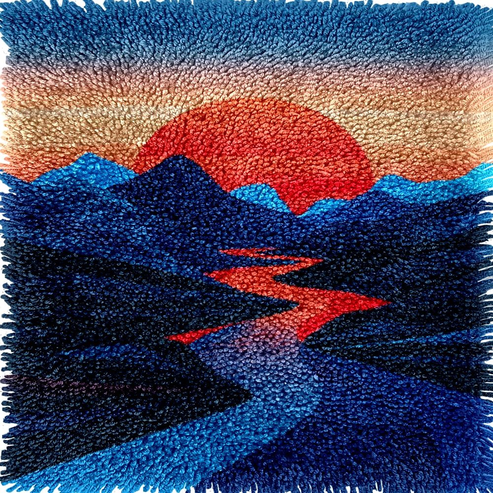 River Flows Through Mountains with Sunset Sky Latch Hook Kits Rug Crochet Yarn Pre-Printed Cushion Embroidery Needlework Carpet Cover DIY Hook and Latch Kit Tapestry Christmas Decor 38x52cm(10)