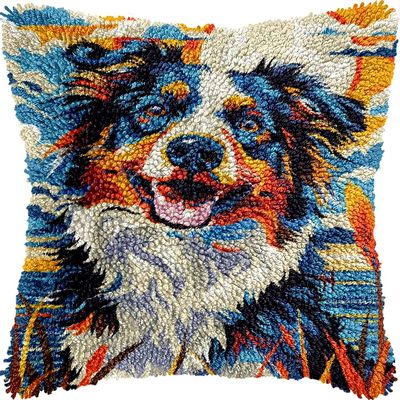 Australian Shepherd Dog Smiling DIY Latch Hook Kits Pillow Crochet Yarn Pre-Printed Cushion Needlework Pillowcase Hook and Latch Kit Cushion Home Sofa Decoration 43x43cm(1)