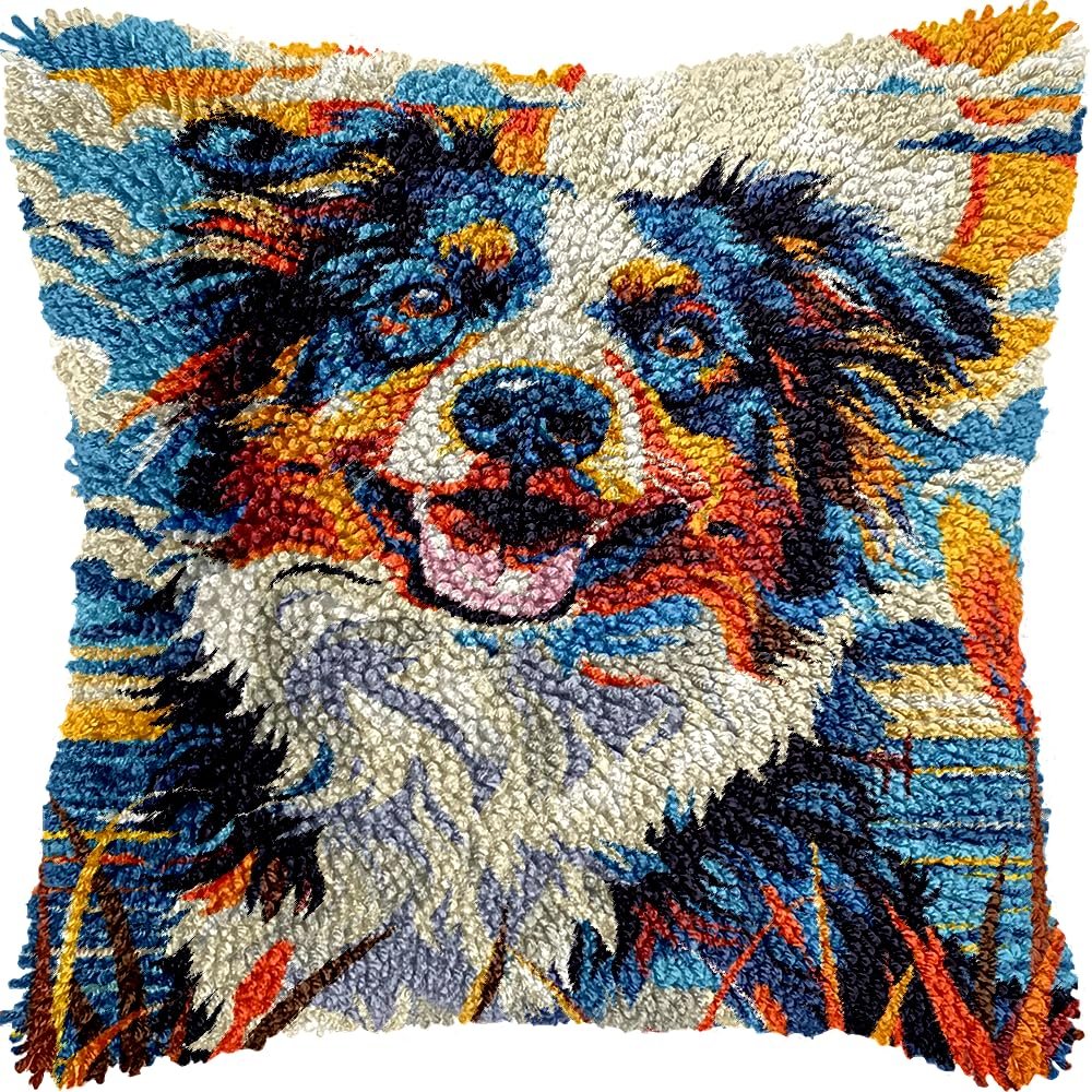 Australian Shepherd Dog Smiling DIY Latch Hook Kits Pillow Crochet Yarn Pre-Printed Cushion Needlework Pillowcase Hook and Latch Kit Cushion Home Sofa Decoration 43x43cm(1)