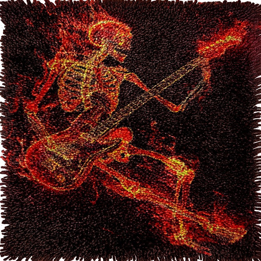 Fire Skeleton Play Guitar Latch Hook Kits Rug Crochet Yarn Pre-Printed Cushion Embroidery Needlework Carpet Cover DIY Hook and Latch Kit Tapestry Christmas Decor 38x52cm
