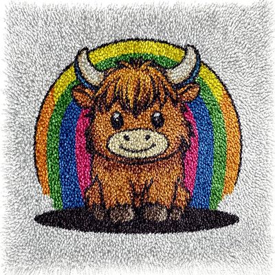 DIY Latch Hook Kits Rug Cartoon Cute Highland Cow and Rainbow Crochet Yarn Pre-Printed Cushion Embroidery Needlework Carpet Cover DIY Hook and Latch Kit Tapestry Christmas Decor 38x52cm(4)