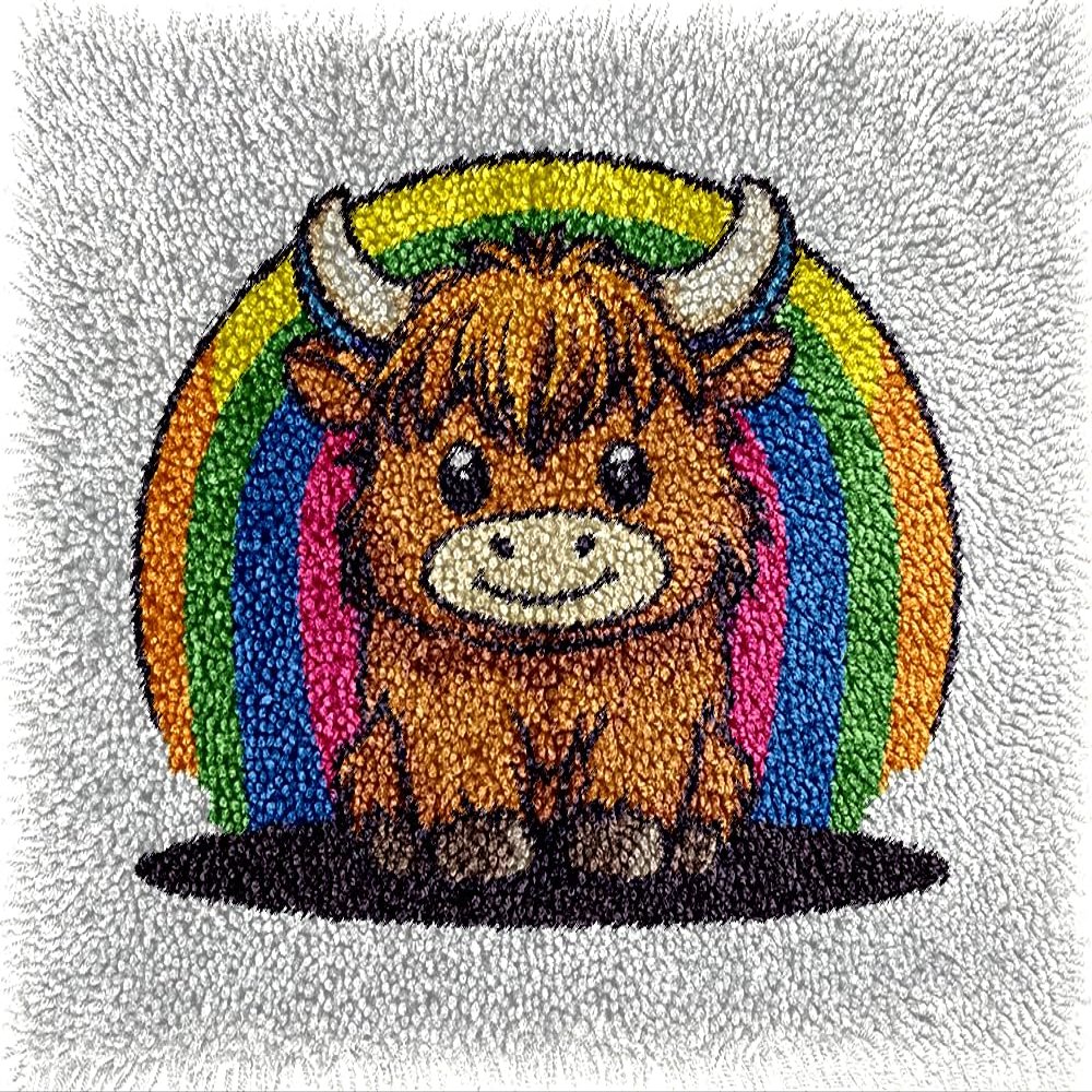 DIY Latch Hook Kits Rug Cartoon Cute Highland Cow and Rainbow Crochet Yarn Pre-Printed Cushion Embroidery Needlework Carpet Cover DIY Hook and Latch Kit Tapestry Christmas Decor 38x52cm(4)