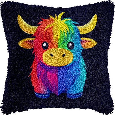 Latch Hook Pillow Kits Colorful Cute Highland Cow Crochet Yarn Printed Cushion Needlework Pillowcase Hook and Latch Kit Cushion Home Sofa Decoration 43x43cm(28)