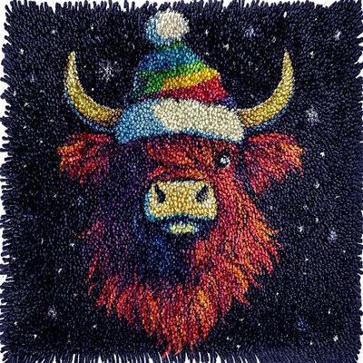 Latch Hook Rug Kits Winter Merry Christmas Highland Cow Rochet Yarn Printed Cushion Embroidery Needlework Carpet Cover DIY Hook and Latch Kit Tapestry Christmas Decor 38x52cm(16)