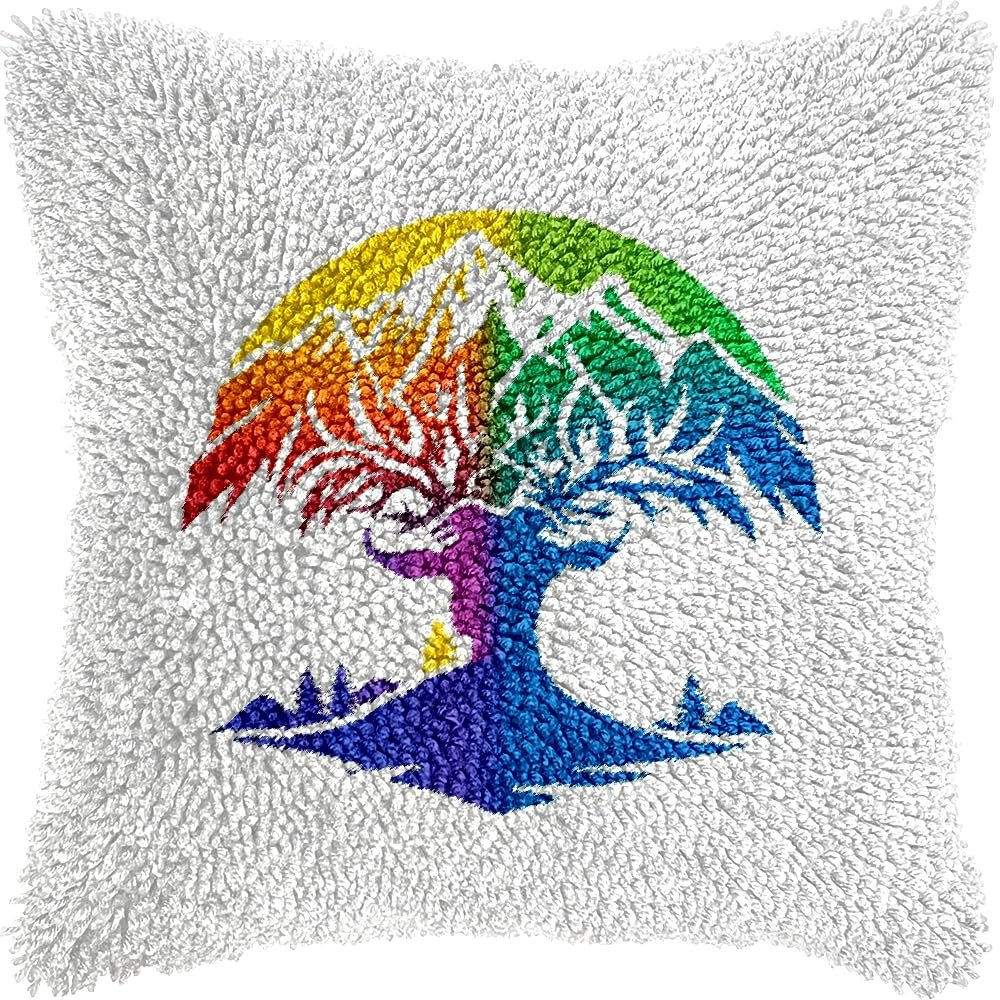 Latch Hook Pillow Kits Rainbow Hair Highland Cow Crochet Yarn Printed Cushion Needlework Pillowcase Hook and Latch Kit Cushion Home Sofa Decoration 43x43cm(23)