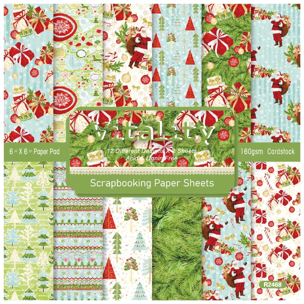 ZAKHSE Christmas Pattern Paper Pack, 24 Sheets 6"x6" Scrapbook Paper Pad for Card Making, Single Sided Xmas Prints Cardstock Decorative Craft Paper for Holiday DIY Scrapbooking-12 Designs-Green