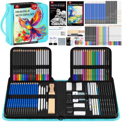 106 PCS Art Supplies Sketching Kit, Pro Drawing Pencils with 3-Color Sketchbook, Coloring Book, Colored Graphite Charcoal Watercolor & Metallic Pencils, Drawing Supplies Gifts for Artists Adults