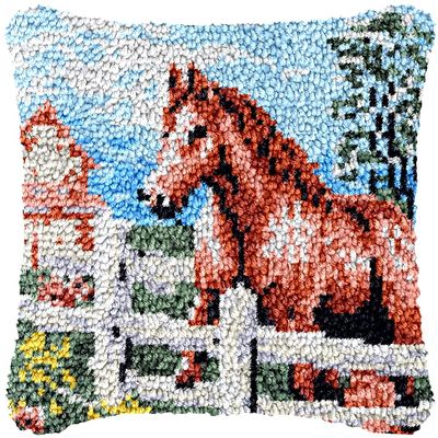 DIY Latch Hook Kits Pillow A Brown Horse Standby Fense Crochet Yarn Pre-Printed Pillowcase Needlework Hook and Latch Kit Pillowslip Cushion Home Sofa Decoration 43x43cm