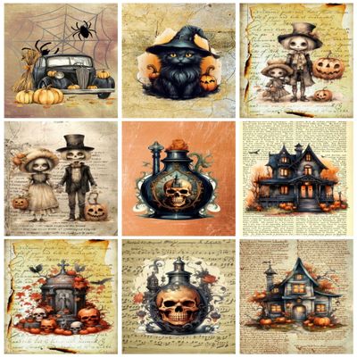 Paper Moon Media: Spooky Watercolor Halloween Collage Sheet, DYI Tags, Labels, Journals, Collage Art, Scrabpooking, ATC Cards (Halloween Tags 19)