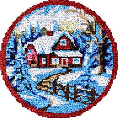 Large Round Latch Hook Rug Kits Cottage Snow House Latch Hook kit Cushion Blanket Embroidery Craft Kits for Beginner DIY Latch Hook Carpet Rug Kit with Printed Canvas 60x60cm