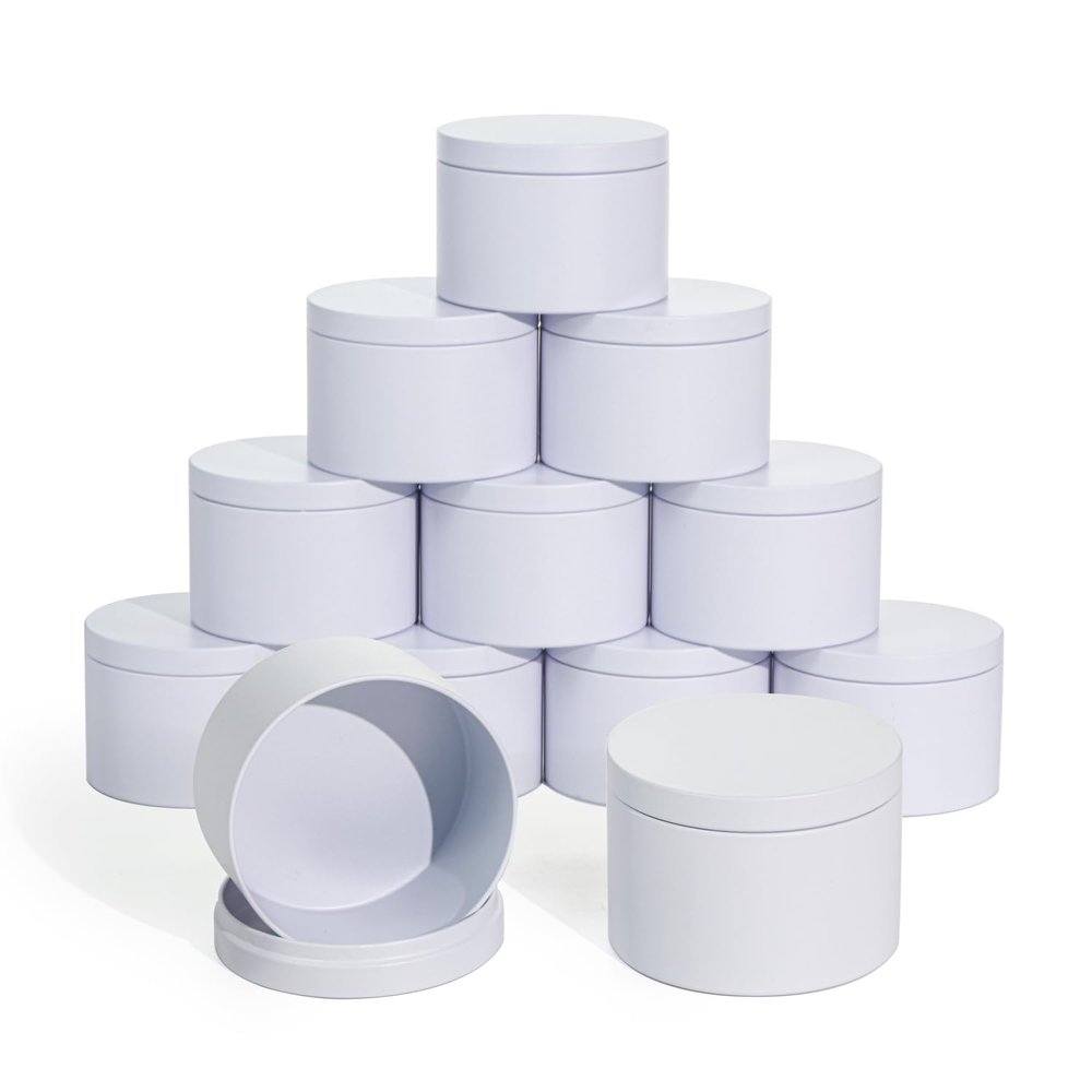 Tins With Lids, 3 Wicks Containers 12 Pack 14oz/420ml Seamless Bulk for Candle Making Supplies Wholesale Empty Jars - White