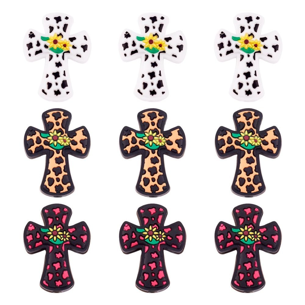 9Pcs Cross Silicone Beads Printed Cross Silicone Beads Religious Silicone Spacer Beads for DIY Bracelet Key Chain Lanyard Jewelry Making Crafts