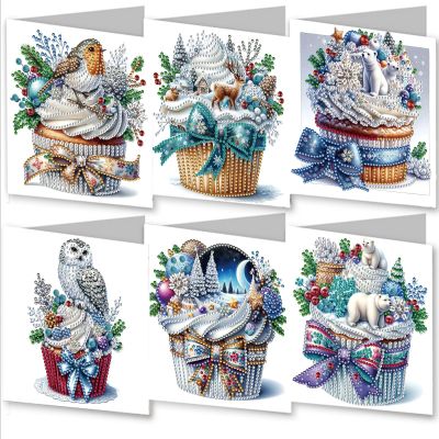 BAYUNOE 6Pcs Christmas Folding Greeting Card DIY Diamond Art Painting Greeting Cards Special Shaped Diamond Blessing Gift Card Kit Arts Crafts for Birthday Thanksgiving Day-Cupcake