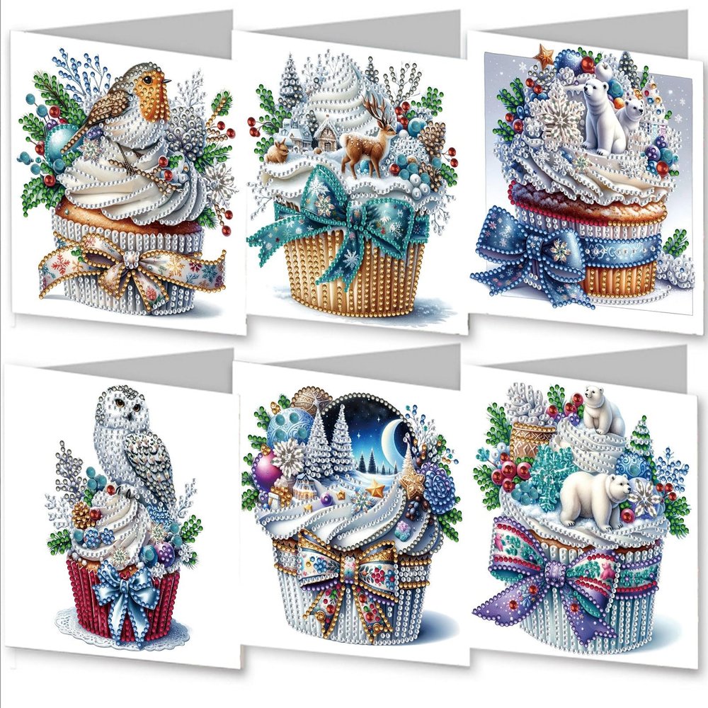 BAYUNOE 6Pcs Christmas Folding Greeting Card DIY Diamond Art Painting Greeting Cards Special Shaped Diamond Blessing Gift Card Kit Arts Crafts for Birthday Thanksgiving Day-Cupcake