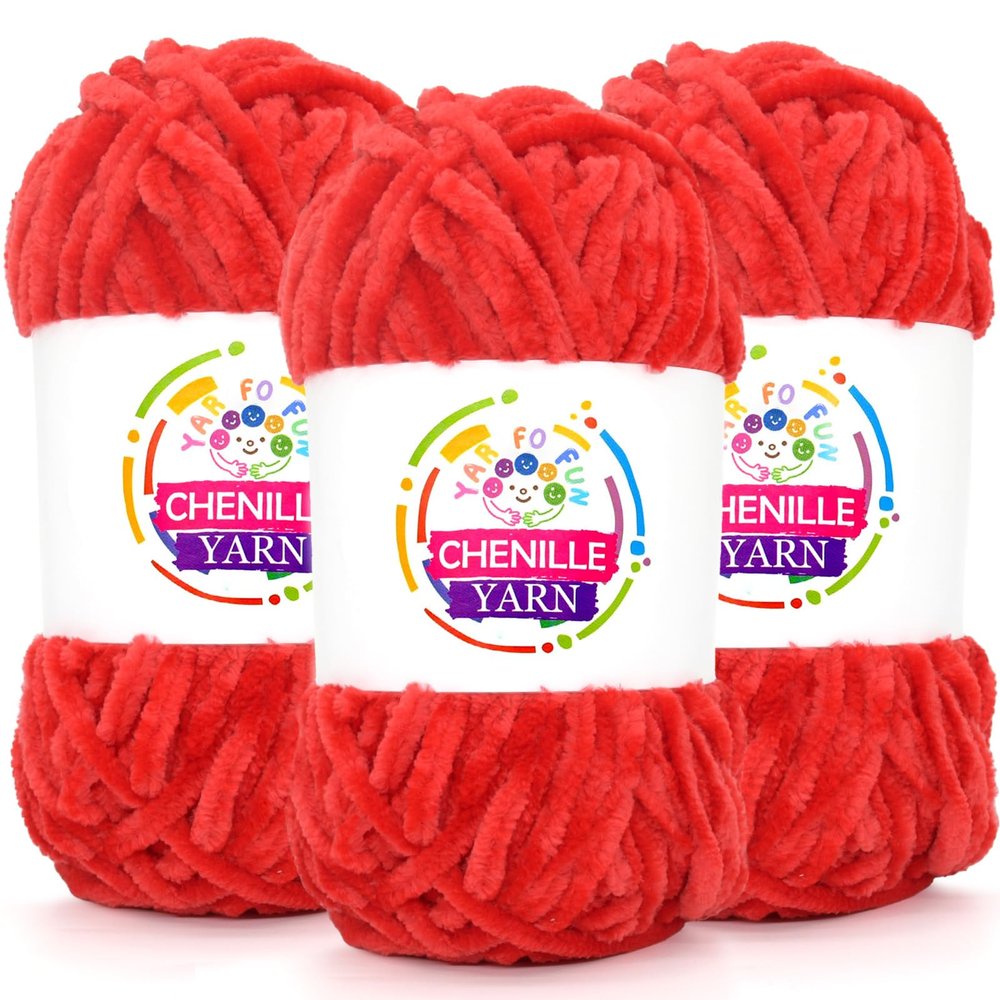 3 Pack Velvet Chenille Yarn for Crocheting,Red Fluffy Velvet Plush Yarn Thick Soft Chunky Chenille Yarn Baby Blanket Yarn for Crocheting Knitting Beginners(Red