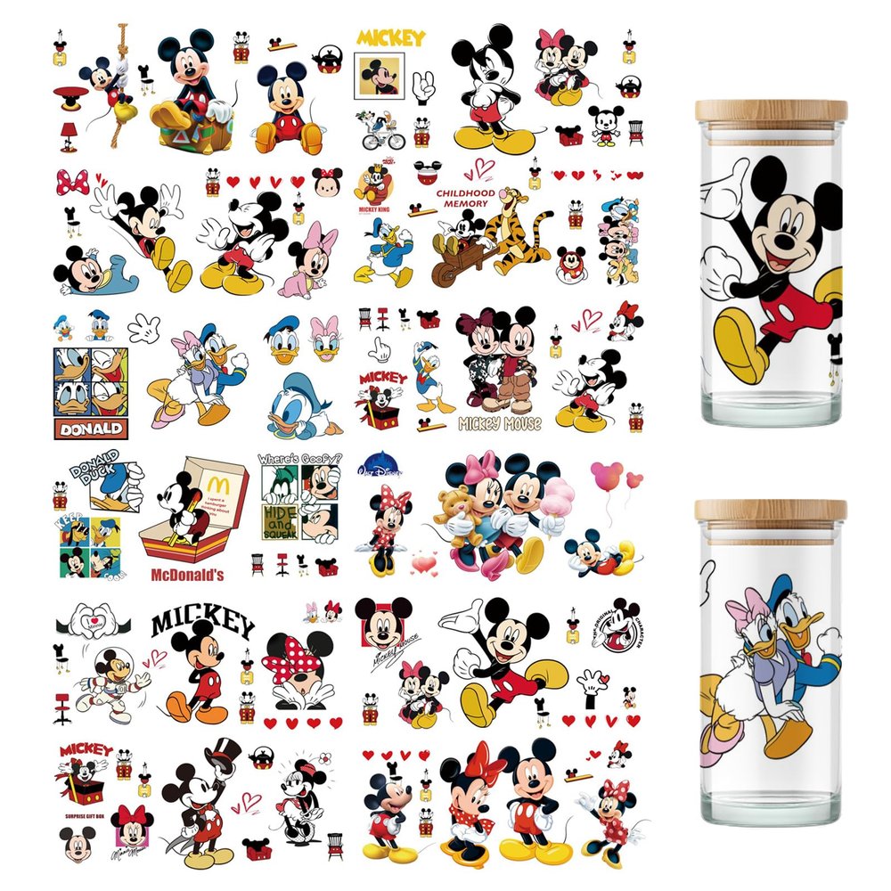 PDFADSK UV DTF Cup Wrap Transfer Stickers for Glass, 12 Sheets Cartoon Rub on Transfers Cup Stickers UV DTF Cup Wraps for 16 oz Glass Water Bottle Waterproof Iron on Transfer Decals for Mugs Cups