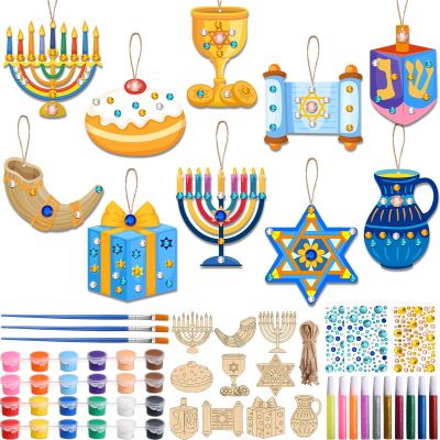 Realspring 50 Pcs Hanukkah Wooden Hanging Ornaments Craft Kits Unfinished Blank Wood Chanukah Ornaments to Paint for Christmas Holiday Jewish Menorah Dreidel Hanukkah Decorations Supplies