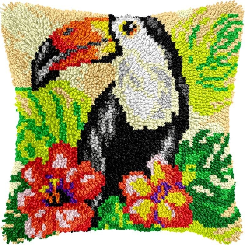 Latch Hook Kits Pillow Kits Toucan Bird & Flowers Latch Hook Cushion Pillow Cover Embroidery Craft Kits for Beginner DIY Latch Hook Rug Kit with Printed Canvas Home Decor 43x43cm (47)