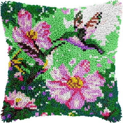 Latch Hook Kits Pillow Kits Flowers Hummingbird Latch Hook Cushion Pillow Cover Embroidery Craft Kits for Beginner DIY Latch Hook Rug Kit with Printed Canvas Home Decor 43x43cm (163)