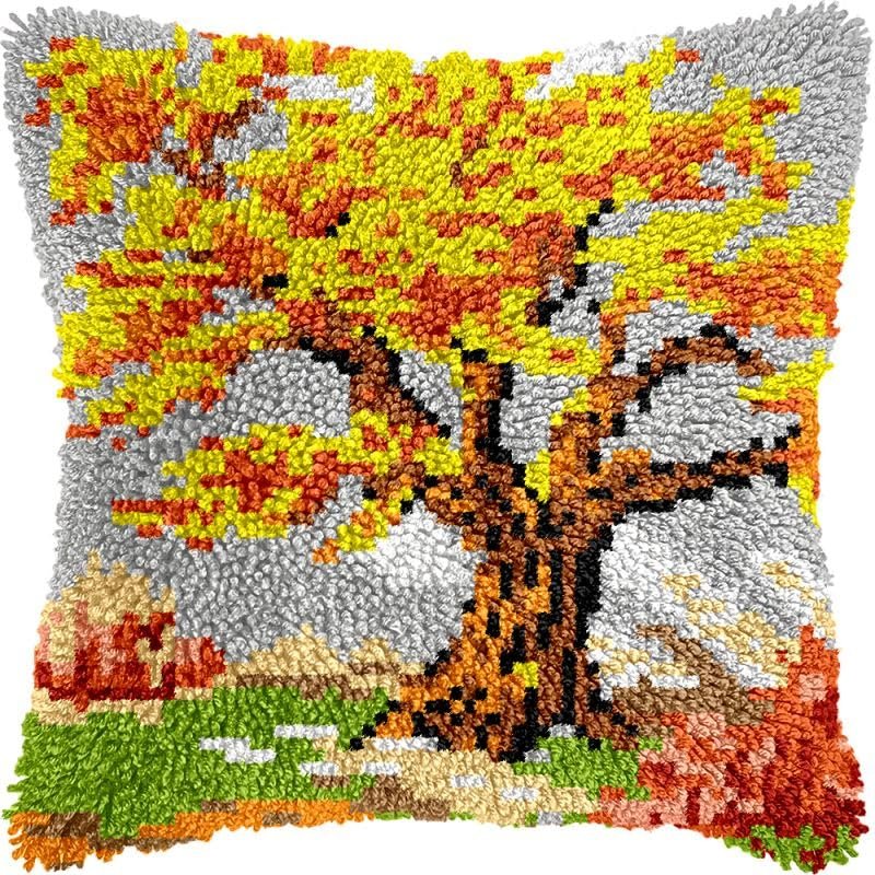 Latch Hook Kits Pillow Kits Autumn Blossom Tree Latch Hook Cushion Pillow Cover Embroidery Craft Kits for Beginner DIY Latch Hook Rug Kit with Printed Canvas Home Decor 43x43cm (18)