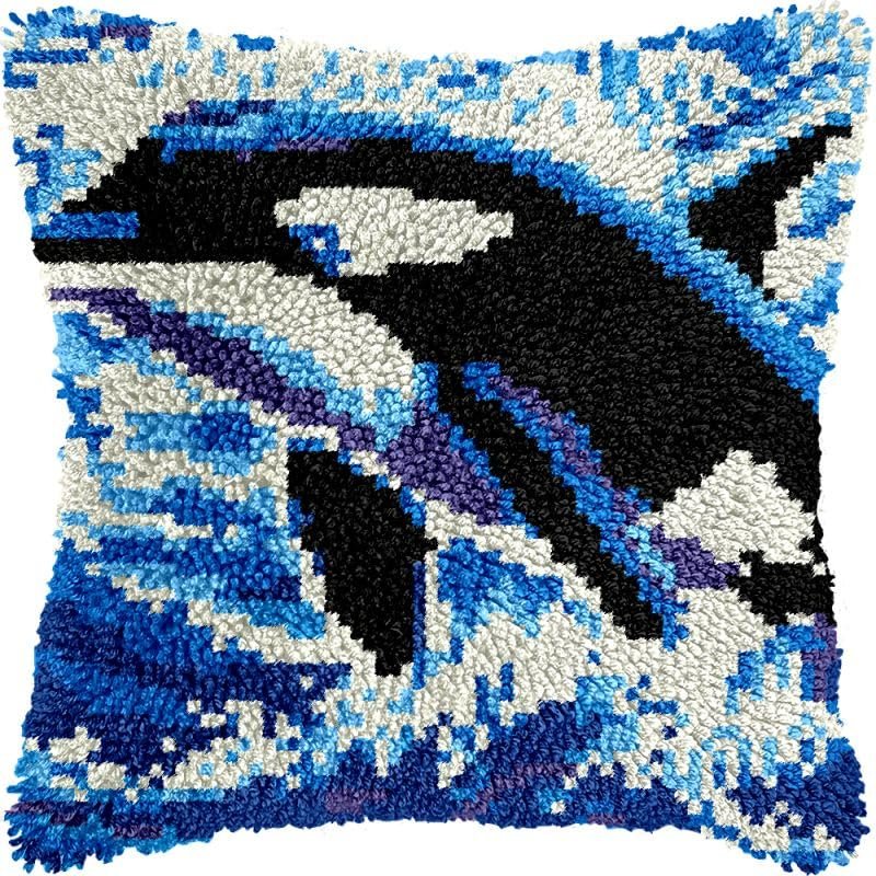 Latch Hook Kits Pillow Kits Dolphin Latch Hook Cushion Pillow Cover Embroidery Craft Kits for Beginner DIY Latch Hook Rug Kit with Printed Canvas Home Decor 43x43cm (116)