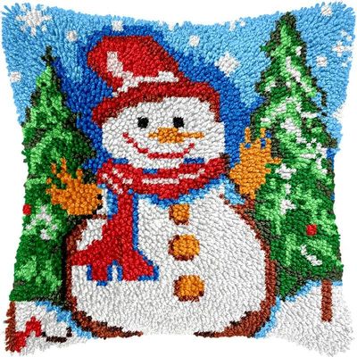 Latch Hook Kits Pillow Kits Snowman Latch Hook Cushion Pillow Cover Embroidery Craft Kits for Beginner DIY Latch Hook Rug Kit with Printed Canvas Home Decor 43x43cm (150)