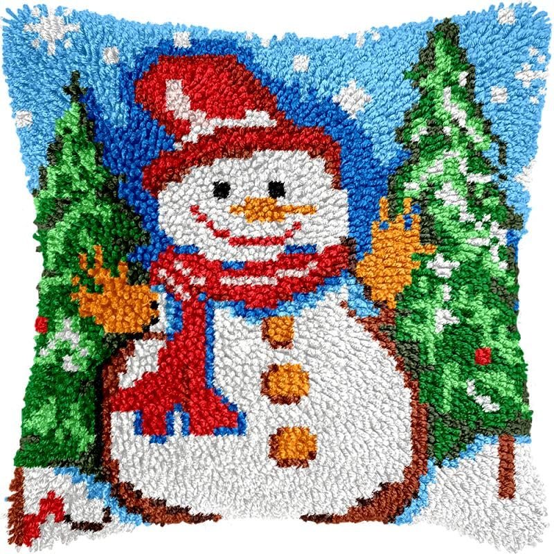 Latch Hook Kits Pillow Kits Snowman Latch Hook Cushion Pillow Cover Embroidery Craft Kits for Beginner DIY Latch Hook Rug Kit with Printed Canvas Home Decor 43x43cm (150)