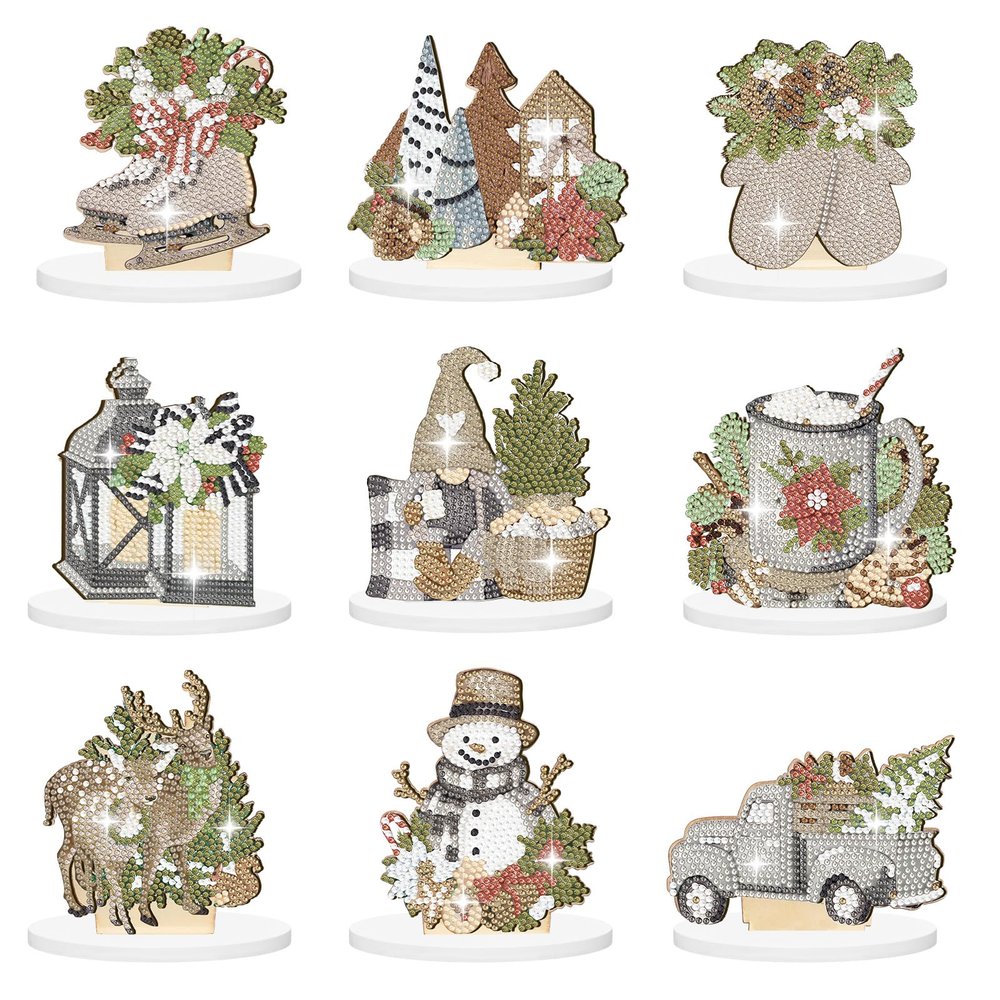 Briwooody 9 Pcs Winter Diamond Art Painting Kit Snowman Gnome Centerpieces DIY Crystal Diamond Painting Craft Christmas Wooden Tabletop Decorations for Winter Xmas Home Office Decor