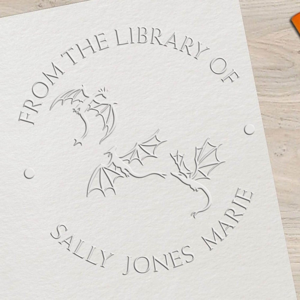 Custom Bibliophile Embosser - Personalized 'from The Library of' Embosser with Terra Twilight Design, Available in Pink or Black Handle Options, Ideal for Fantasy Art Collectors, 1-5/8 Round Seal