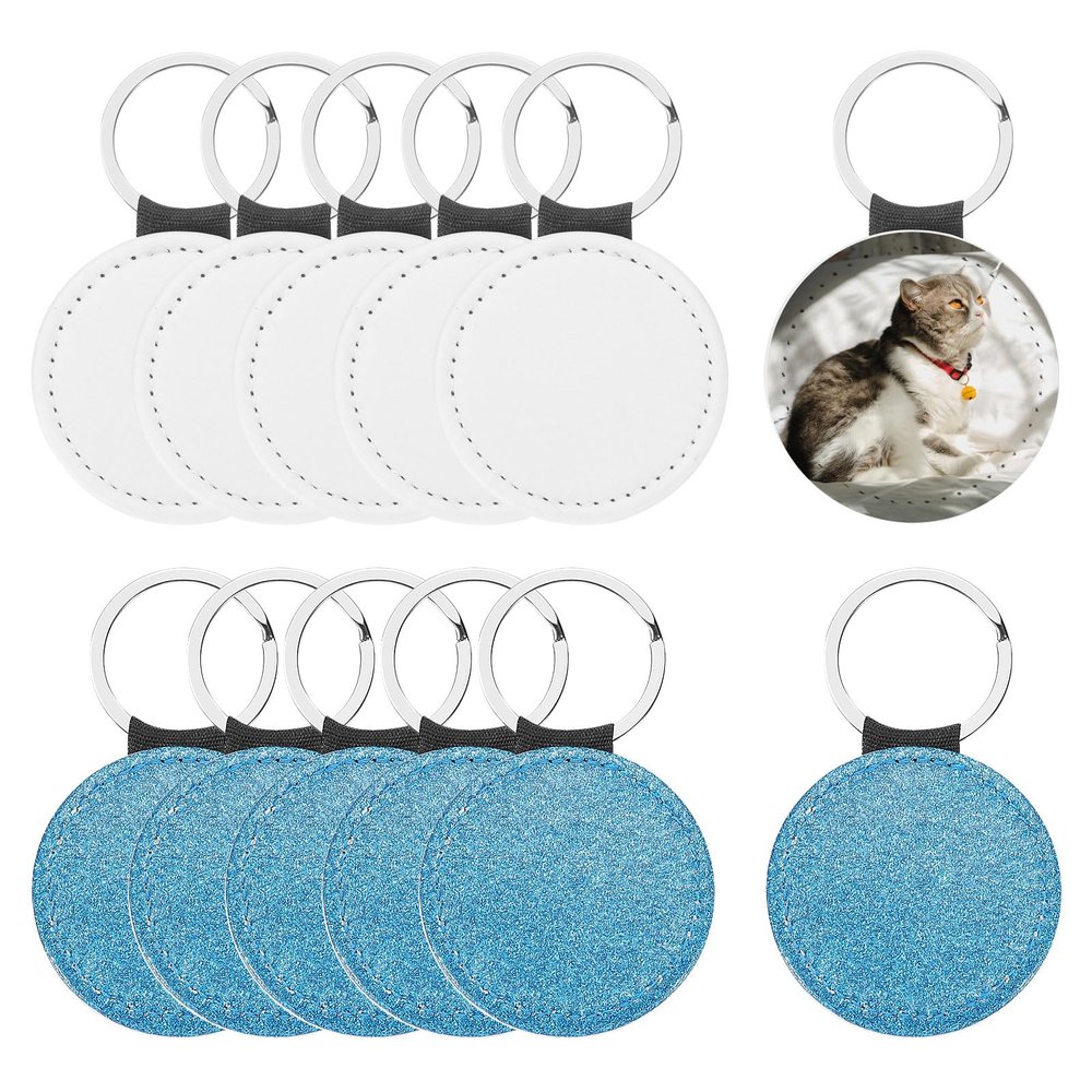 PATIKIL Sublimation Blank Keychains, 12 Pcs Round Keychain Blanks Bulk PU Leather Heat Transfer Key Chains for DIY Craft, Glitter Blue