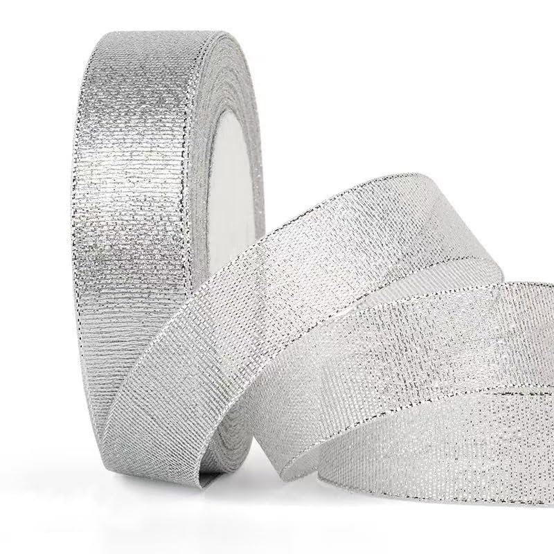 SDZMDL Silver Glitter Ribbon 1 Inch, Sparkly Metallic Fabric Ribbons for Father's Day Decor, Gifts Wrapping, Crafts. 25 Yards/roll