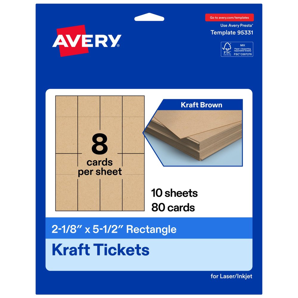 Avery Printable Rectangle Tickets, 2-1/8" x 5-1/2", Kraft Brown Cardstock, Laser/Inkjet Printable, 80 Total