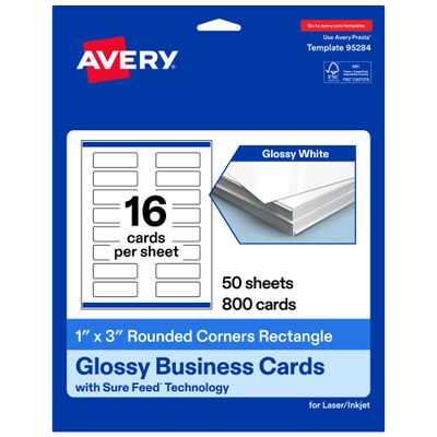 Avery Printable Rectangle Rounded Corner Mini Business Cards, Sure Feed Technology, 1" x 3", Glossy White Cardstock, Print-To-The-Edge, Laser/Inkjet Printable, 800 Total