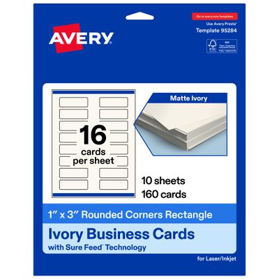 Avery Printable Rectangle Rounded Corner Mini Business Cards, Sure Feed Technology, 1" x 3", Matte Ivory Cardstock, Print-To-The-Edge, Laser/Inkjet Printable, 160 Total
