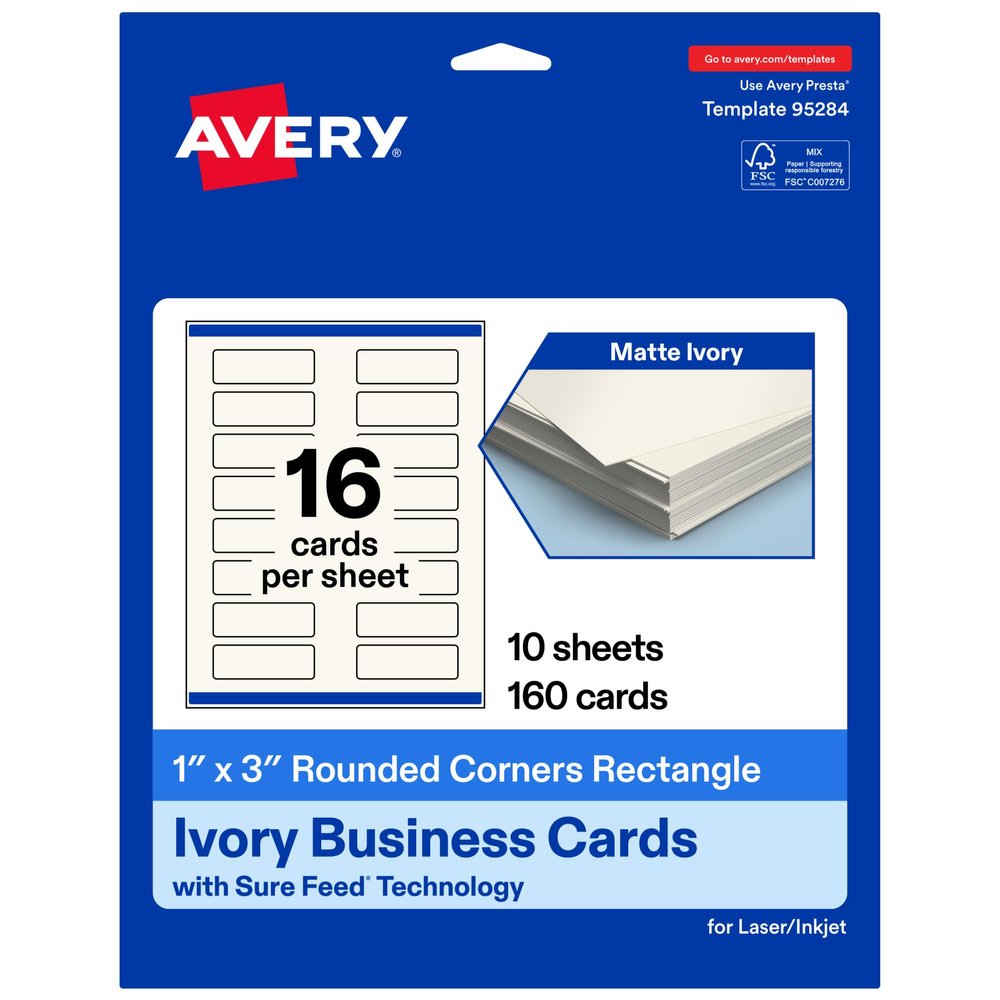 Avery Printable Rectangle Rounded Corner Mini Business Cards, Sure Feed Technology, 1" x 3", Matte Ivory Cardstock, Print-To-The-Edge, Laser/Inkjet Printable, 160 Total