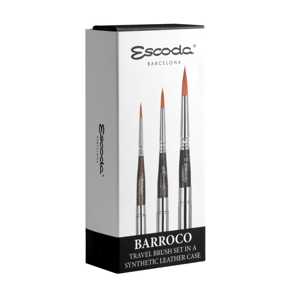 Escoda | Watercolour | Barroco Set with 3 Round Travel Brushes for Watercolour | Size 2,6,10 | 3 Brushes | Synthetic Gold Toray | Round Pointed