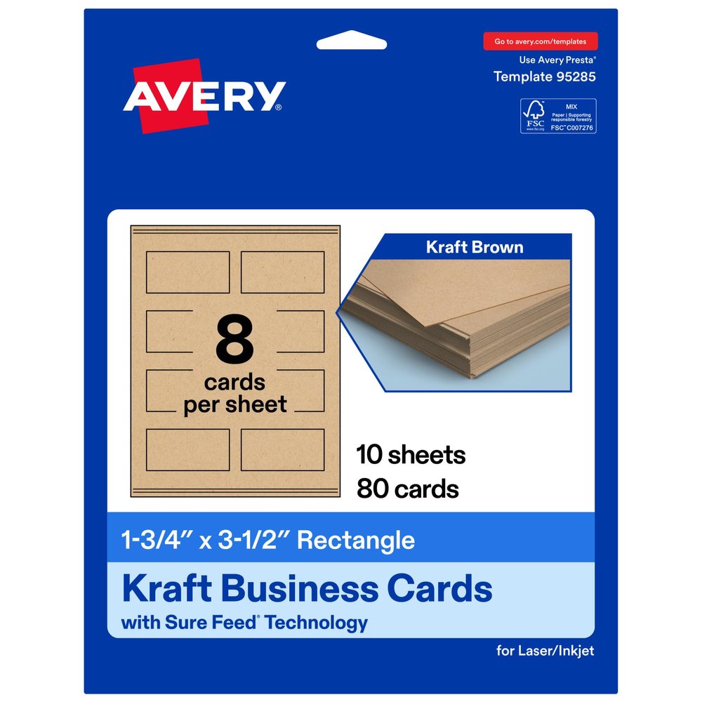 Avery Printable Rectangle Mini Business Cards, Sure Feed Technology, 1-3/4" x 3-1/2", Kraft Brown Cardstock, Print-To-The-Edge, Laser/Inkjet Printable, 80 Total