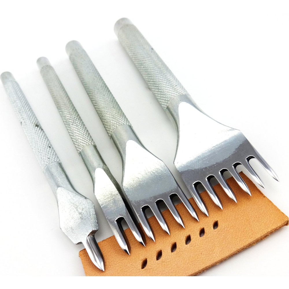 4pcs 4mm 1/2/4/6 Prongs Leather Craft Olive Shaped Spike Sharp Tip Headed Wavy Stitching Chisel Prick Iron Punch Tool Set Kit