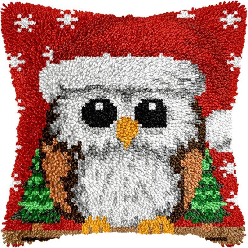 Latch Hook Kits Pillow Kits Christmas Owl Latch Hook Cushion Pillow Cover Embroidery Craft Kits for Beginner DIY Latch Hook Pillowcase Kit with Printed Canvas 43x43cm (53)