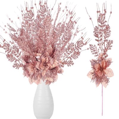 Canlierr 15 Pcs 17 Inch Christmas Artificial Glitter Berry Stem Ornaments with Poinsettia Flower, Xmas Glitter Poinsettia Flowers Picks for Christmas Tree Vase Holiday Party Home Decor(Rose Gold)