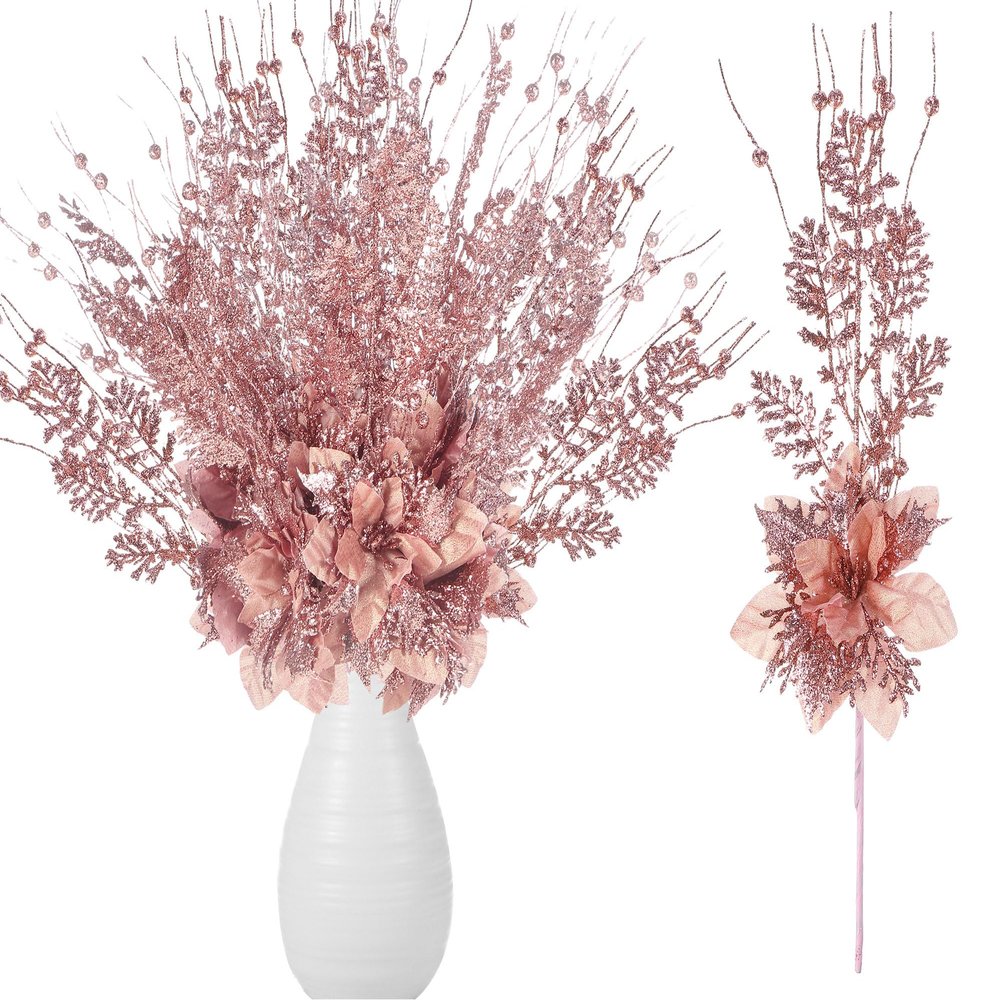 Canlierr 15 Pcs 17 Inch Christmas Artificial Glitter Berry Stem Ornaments with Poinsettia Flower, Xmas Glitter Poinsettia Flowers Picks for Christmas Tree Vase Holiday Party Home Decor(Rose Gold)