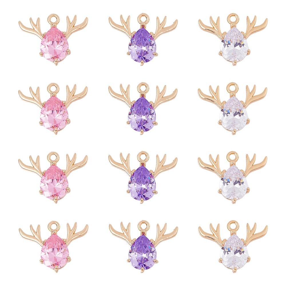 SUPERFINDINGS 12Pcs 3 Colors Crystal Reindeer Charms Shining Elk Charms Gold Plated Rhinestone Christmas Reindeer Pendant Charm for DIY Earring Necklace Bracelet Jewellery Making