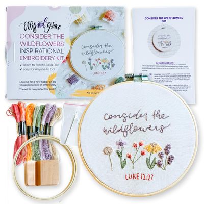 Elly & Grace Christian Embroidery Kit with Embroidery Hoop, Easy Embroidery Kit for Beginners and Adults, Full Embroidery Hoop Kit with Needles and Thread Included (Wildflowers)